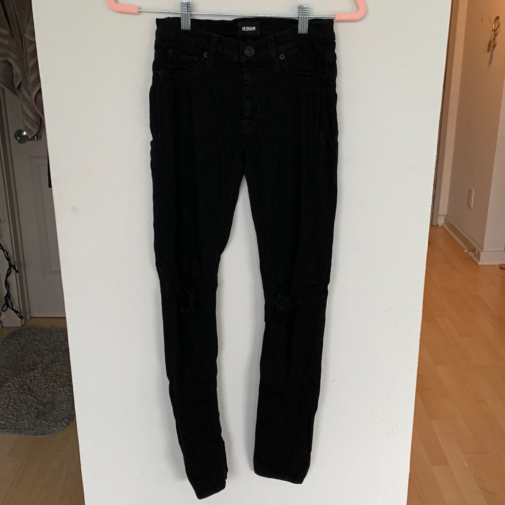 Hudson Nico Midrise Super Skinny Black Distressed Jeans (Size 25)